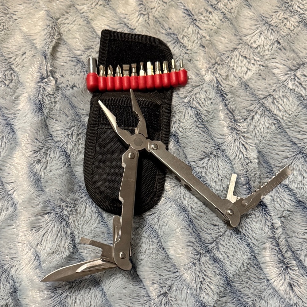 Silver Multi-Tool pliers and bits with Black Pouch